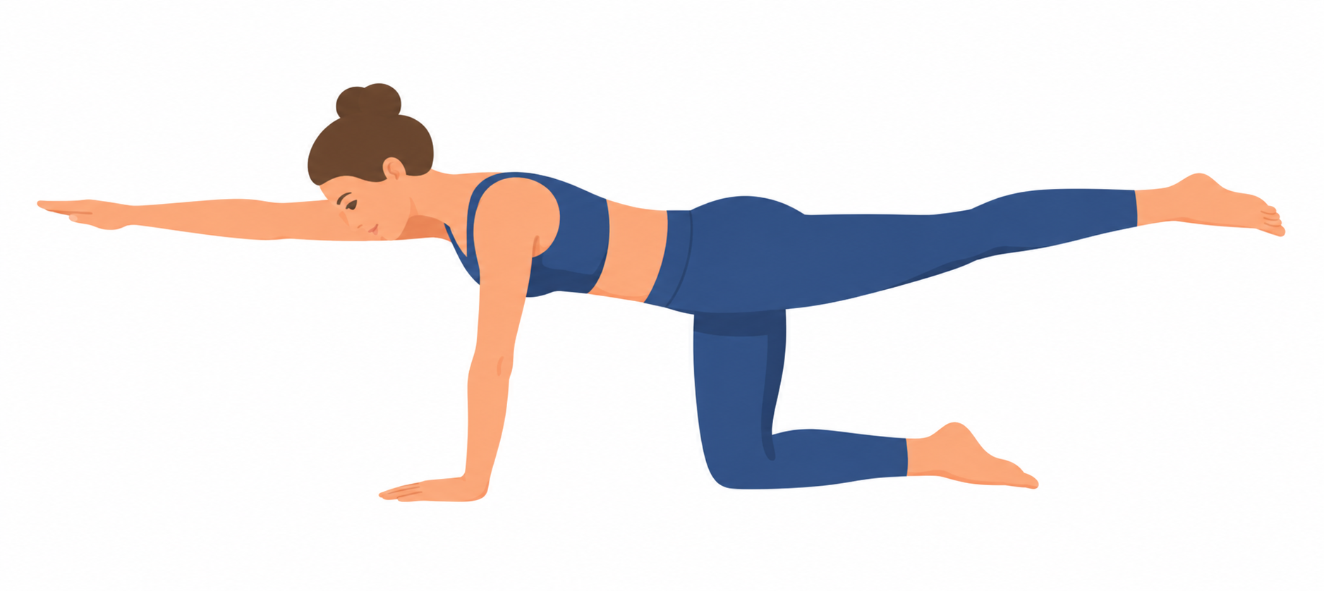 Illustration einer Person im Vierfüßlerstand mit ausgestrecktem Arm und Bein zur Kräftigung der Rumpfmuskulatur.